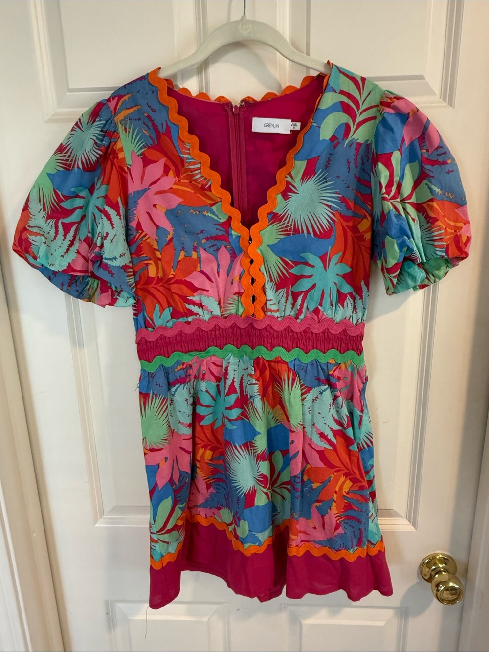 Greylin Girls' Tropical Print Puff-Sleeve Dress in Magenta, Teal & Orange